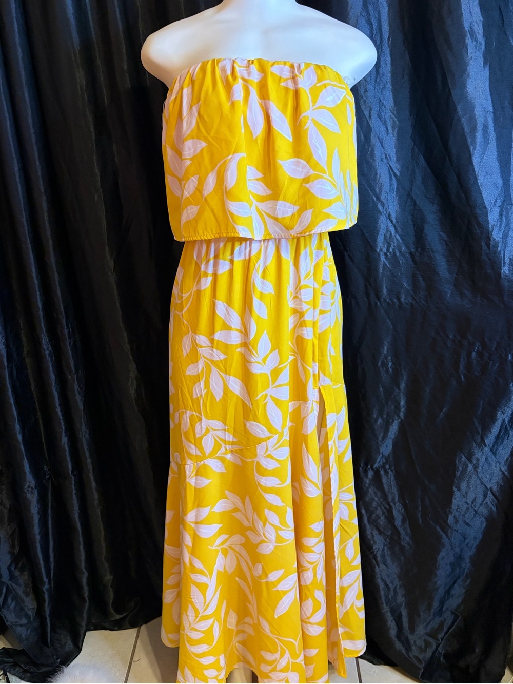 Tyche Yellow and White Strapless Leaf-Print Maxi Dress